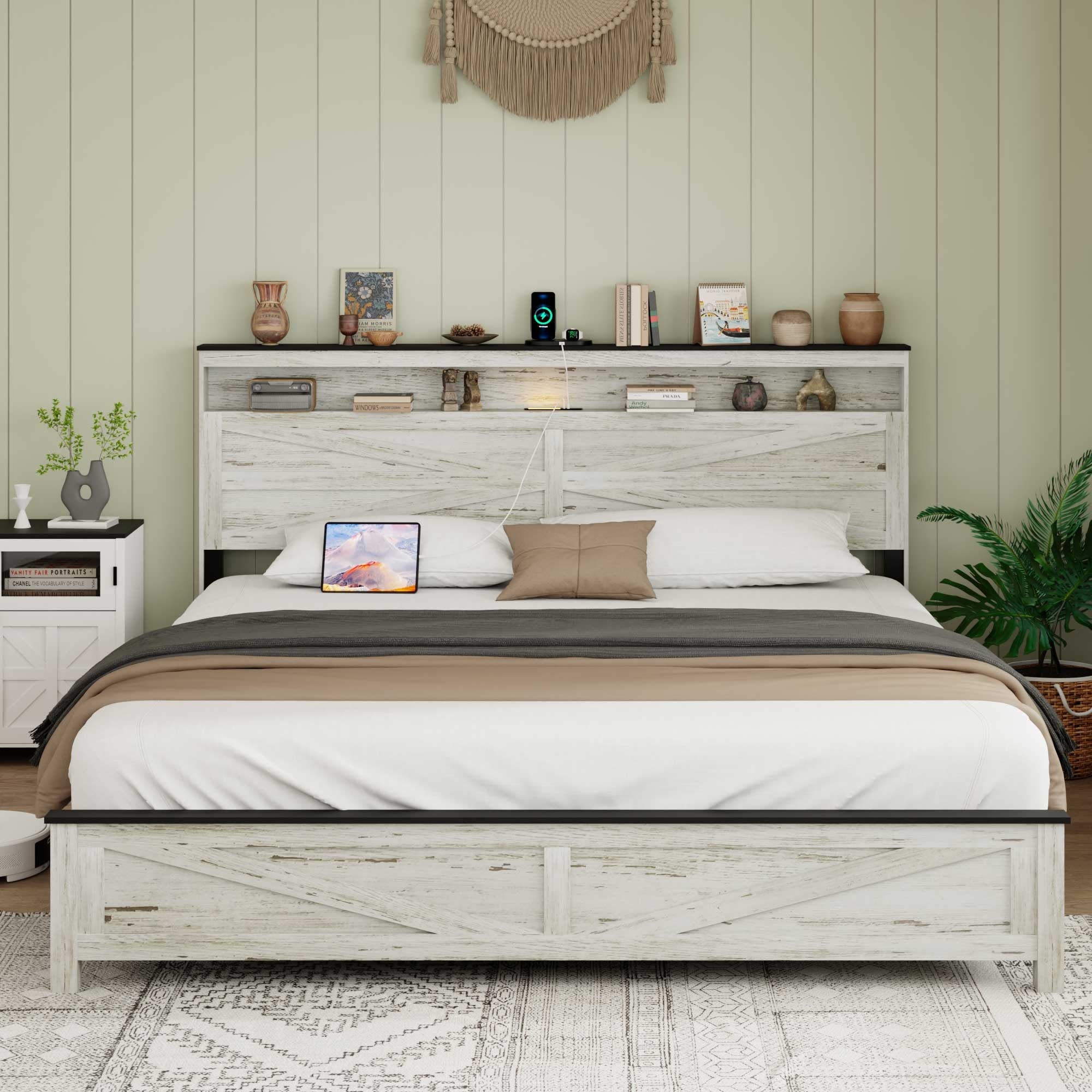 King Size Upholstered Wooden Platform Bed Frame with Storage Drawer, Charging Station, Noise-Free Design & Headboard Shelf