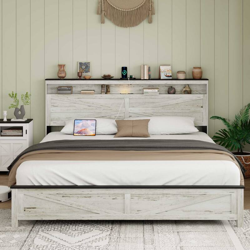 White Floating LED Bed – Built-In Charging, Concealed Storage, Headboard Included