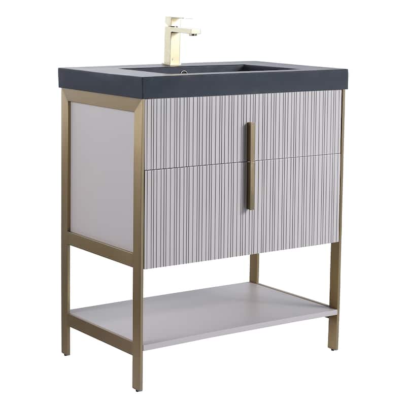 Fine Fixtures Serenity Modern Bathroom Vanity with Black Gel Acrylic Top - Bright Taupe - Brass Hardware - 30 inch