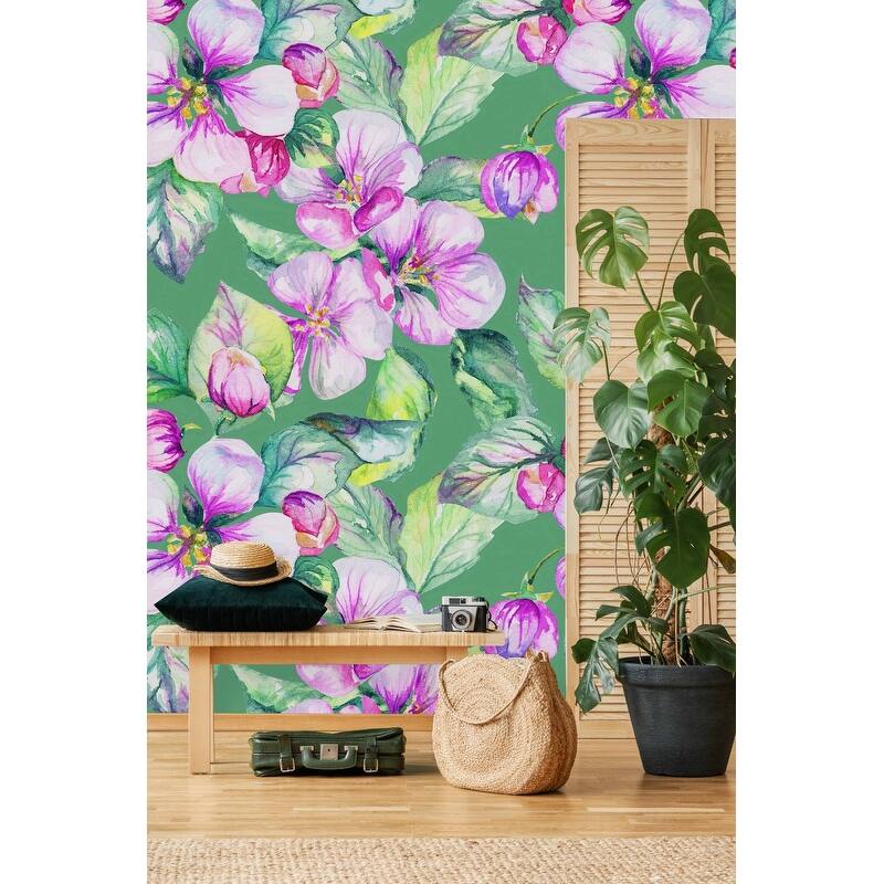 Green Wallpaper with Pink Flowers Peel and Stick and Prepasted - Bed