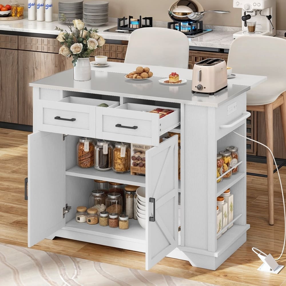 Moasis Drop Leaf Kitchen Island Cart with Stainless Steel Top And Power Outlets