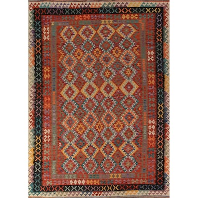 South Western Style Kilim Oriental Rug Hand-Woven Orange Wool Carpet - 8'0"x 11'4"
