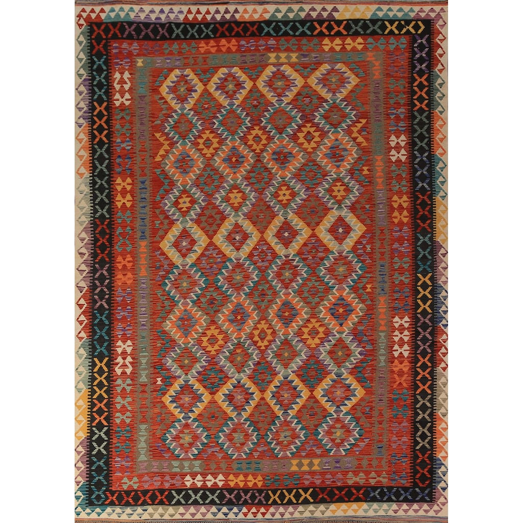 South Western Style Kilim Oriental Rug Hand-Woven Orange Wool Carpet - 8'0"x 11'4"