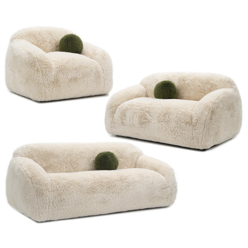 Furniture of America Cynra Modern 3-Piece Faux Fur Sofa Set with Ball Pillows - Sand