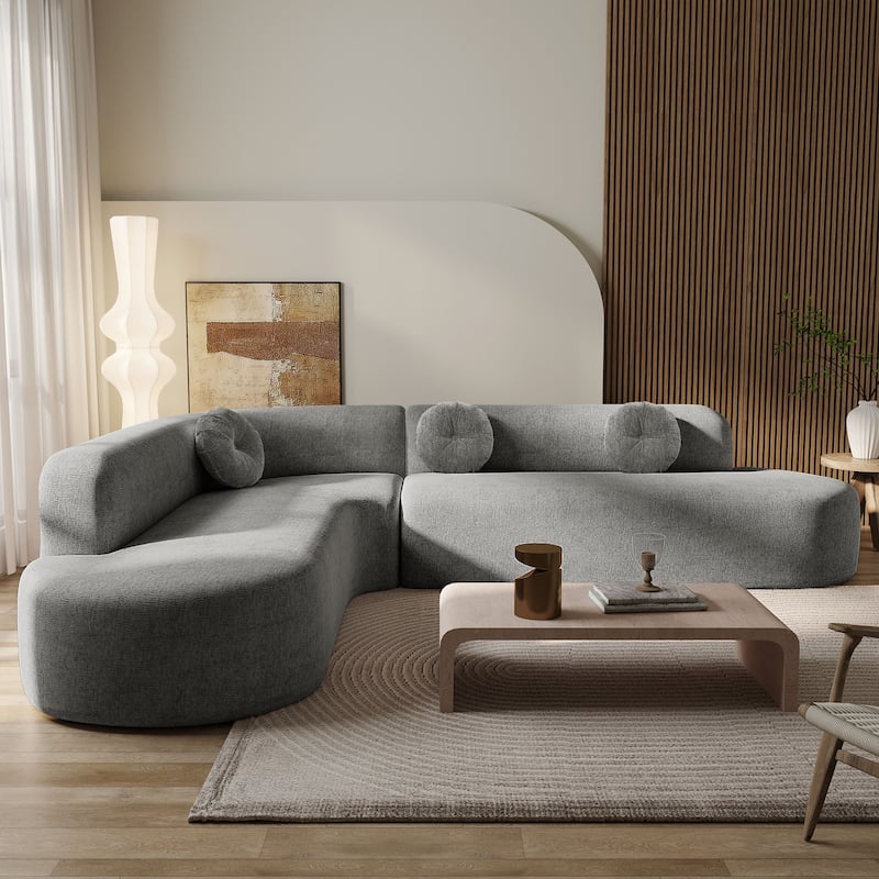 122'' Grey Polyester Sectional Sofa, Curved, 3 Round Cushions, High-Resilience Foam