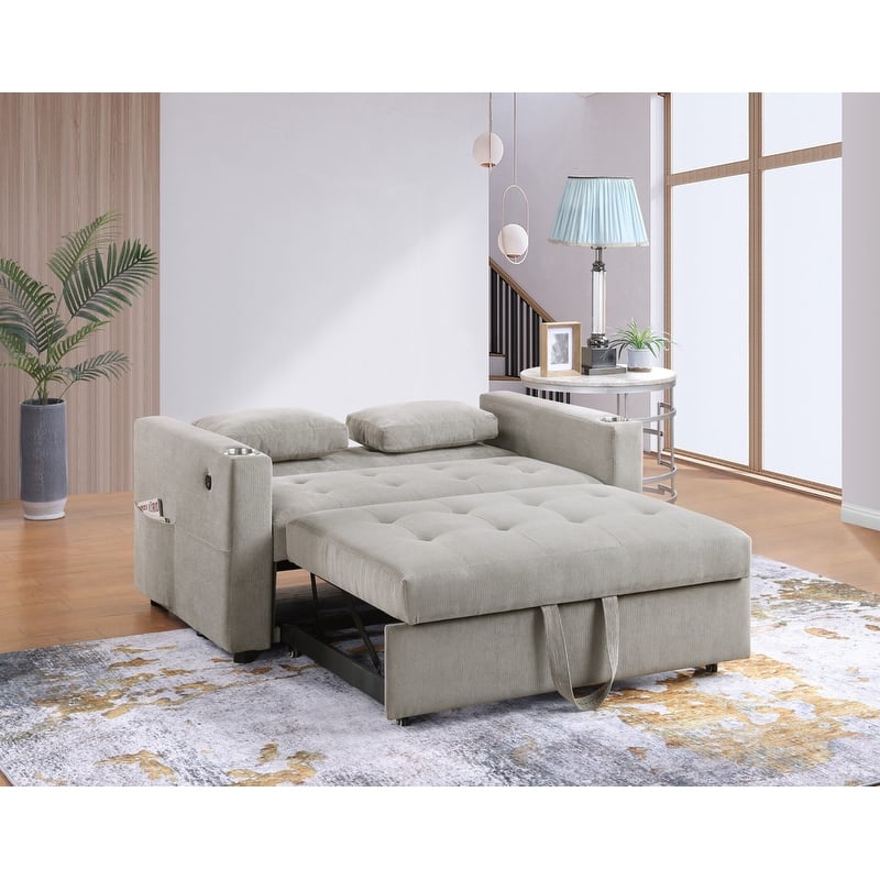 Luelle 57"W Corduroy Convertible Sleeper Loveseat with Cupholders, USB Ports, Magazine Pockets, Pillows, Tufting