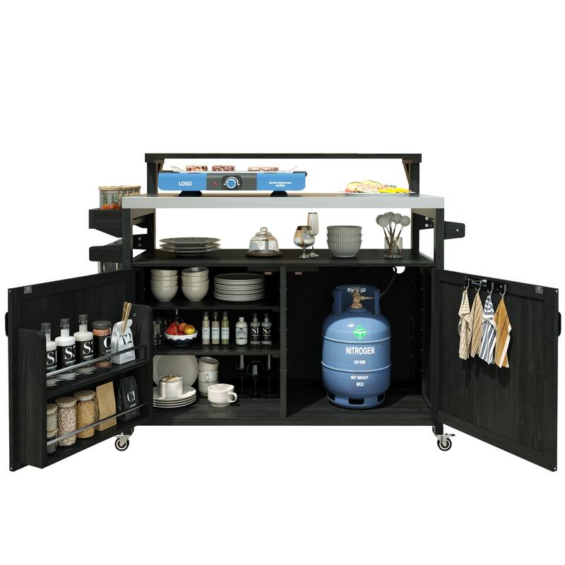 Anmytek 53.3" Outdoor Kitchen Island Grill Cart Stainless Steel Top Solid Wood Storage Black