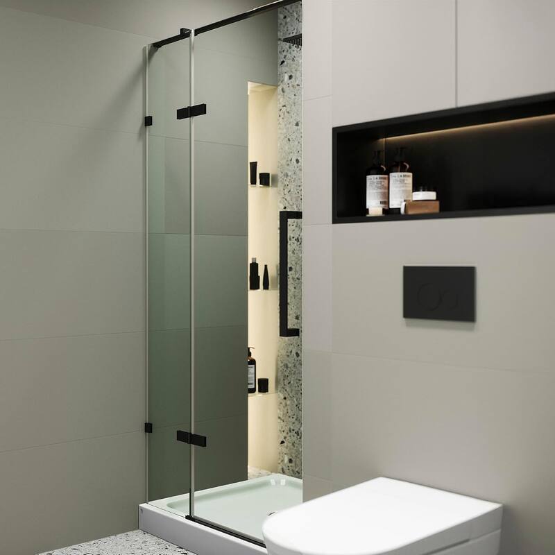 Frameless Clear Tempered Shower Glass Door with Shower Base Kit