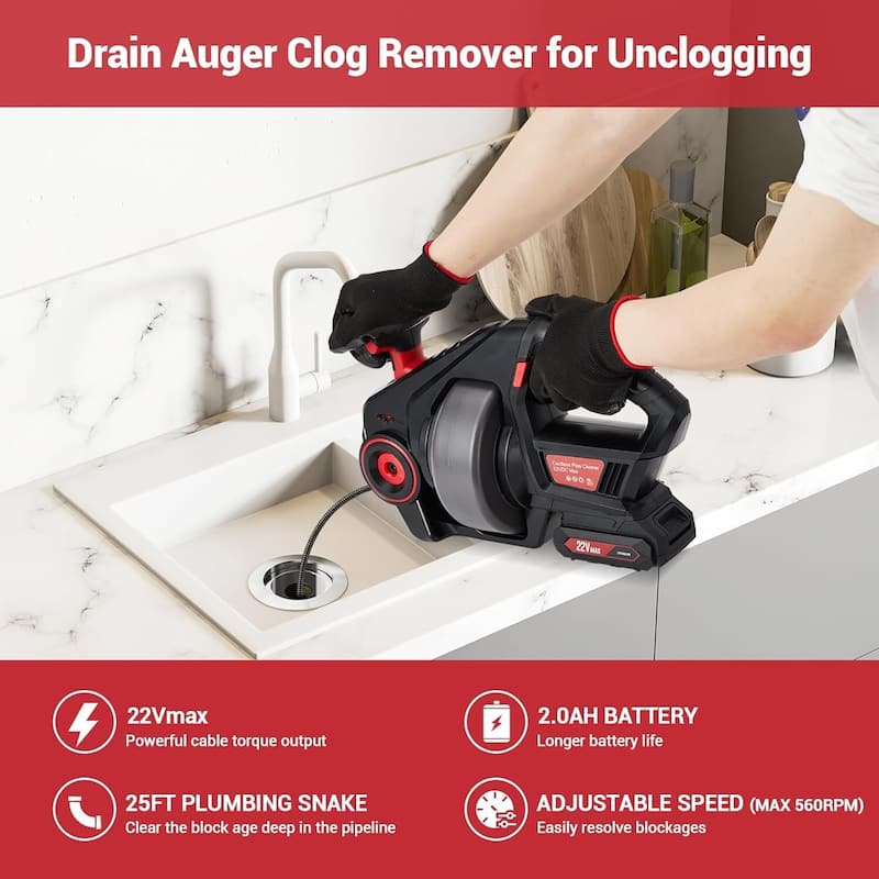 22V Cordless Electric Drain Auger for Sewer, Bathroom, Sink Drain Pipes with bag