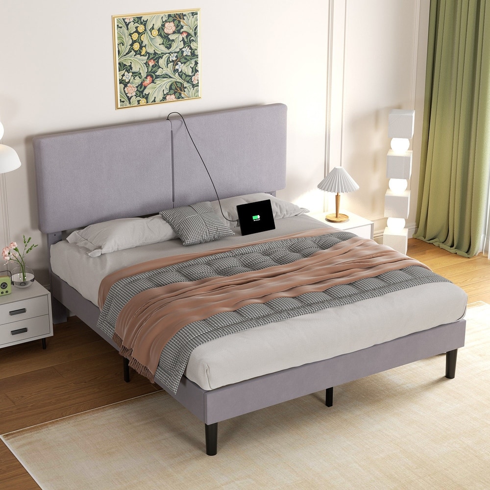 Javlergo Upholstered Platform Bed Frame with 2 USB Charging Station & Adjustable Headboard, No Box Spring Needed