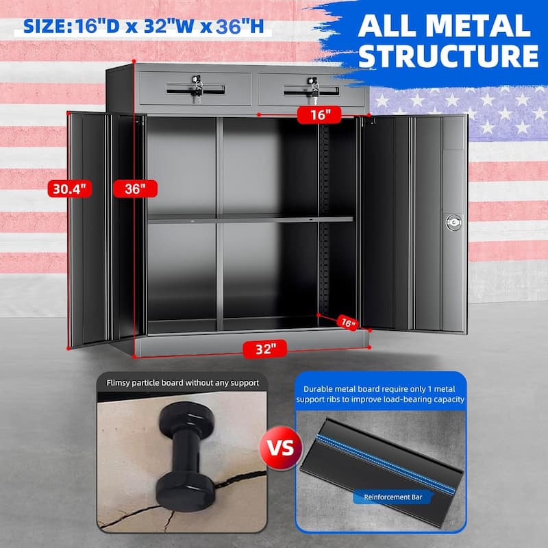 36" H Metal Locking Garage Storage Cabinet with 2 Drawers and Adjustable Shelves