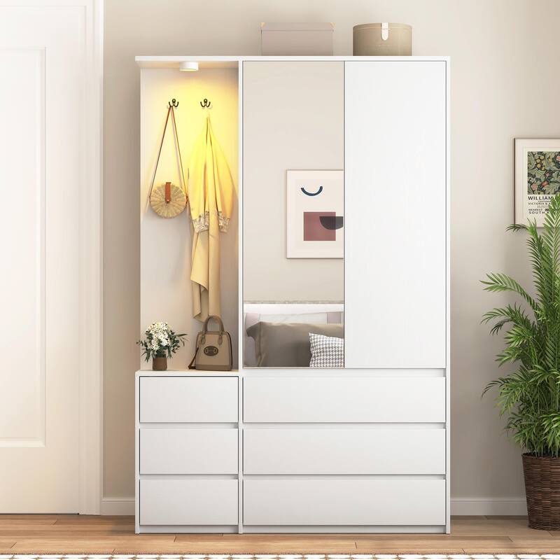 70.8" Wooden Wardrobe Closet with 3 Doors, 2 Drawers, Storage Shelves, & Hanging Rail