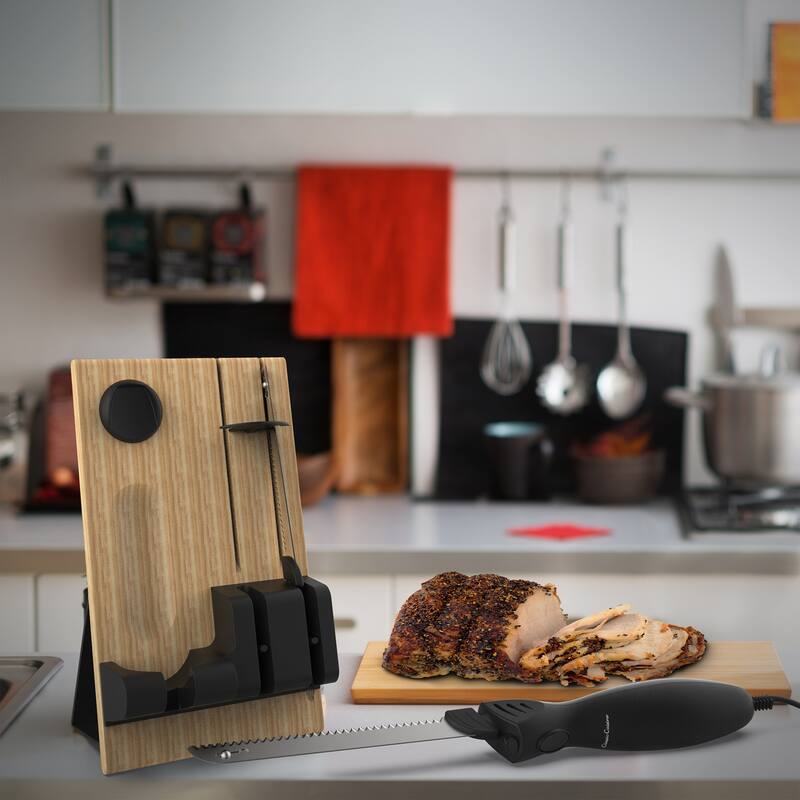 Electric Carving Knife Set - 2 Stainless-Steel Blades, Comfort Grip Handle, and Wood Storage Block by Classic Cuisine - Black & Silver