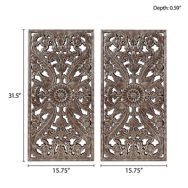 dimension image slide 1 of 4, Madison Park Botanical Panel Distressed Carved Wood Wall Decor (Set of 2)