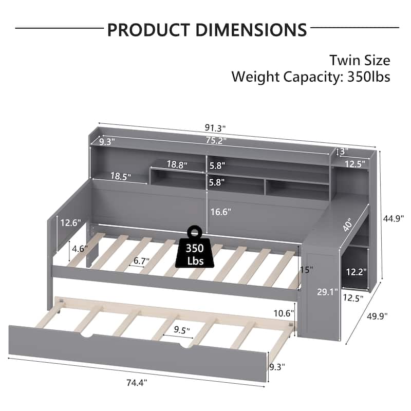 Multi-functional Daybed with Storage Shelves, Trundle Bed and Study Desk