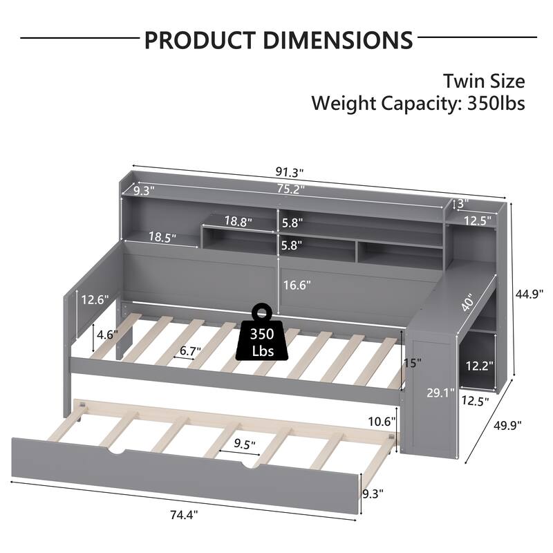 Wooden Twin Size Daybed with Storage Shelves, Multi-functional Bed with Twin Size Trundle Bed and Study Desk, Gray