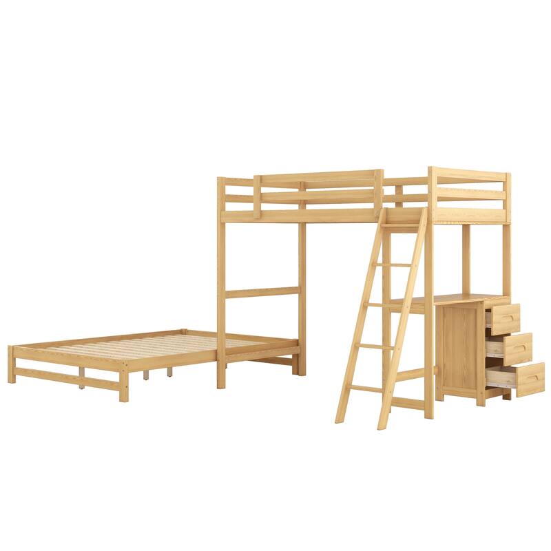 Twin over Full L-Shaped Bunk Bed Multi-Functional Pine Wood Bunk Bed Frame with All-in-One Desk and 3 Drawers