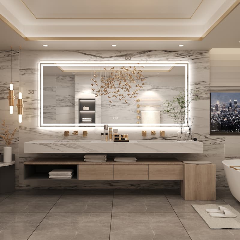 Frameless LED Front Light and Backlit 3 Colors Dimmable Anti-Fog Wall Bathroom Vanity Mirror - 32" x 24"-Square Corner