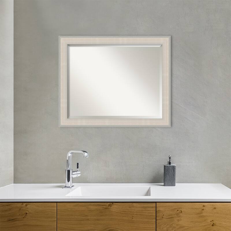 Cottage White Silver Beveled Wood Framed Bathroom Vanity Wall Mirror - Cottage White Silver