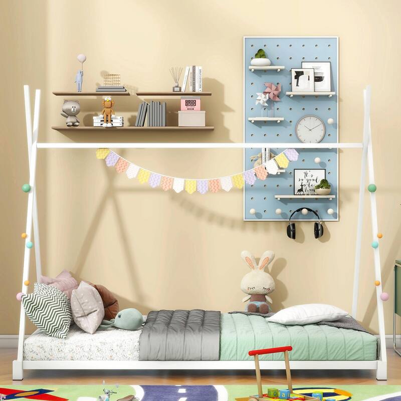 Metal Twin Size House Platform Bed with Triangle Structure