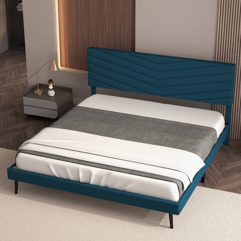 Platform Bed Frame with Adjustable Headboard, Velvet Upholstered
