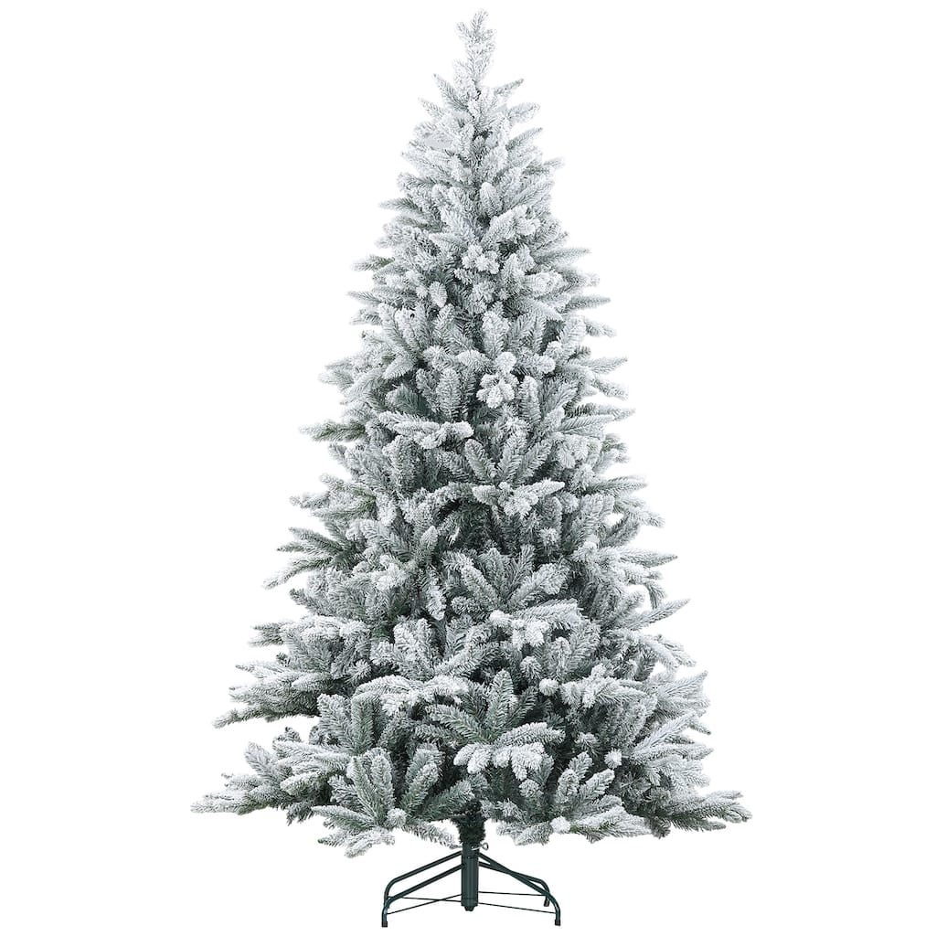 7FT/8FT Snow Flocked Christmas Tree with Hinged Branches and Flame-Retardant Design