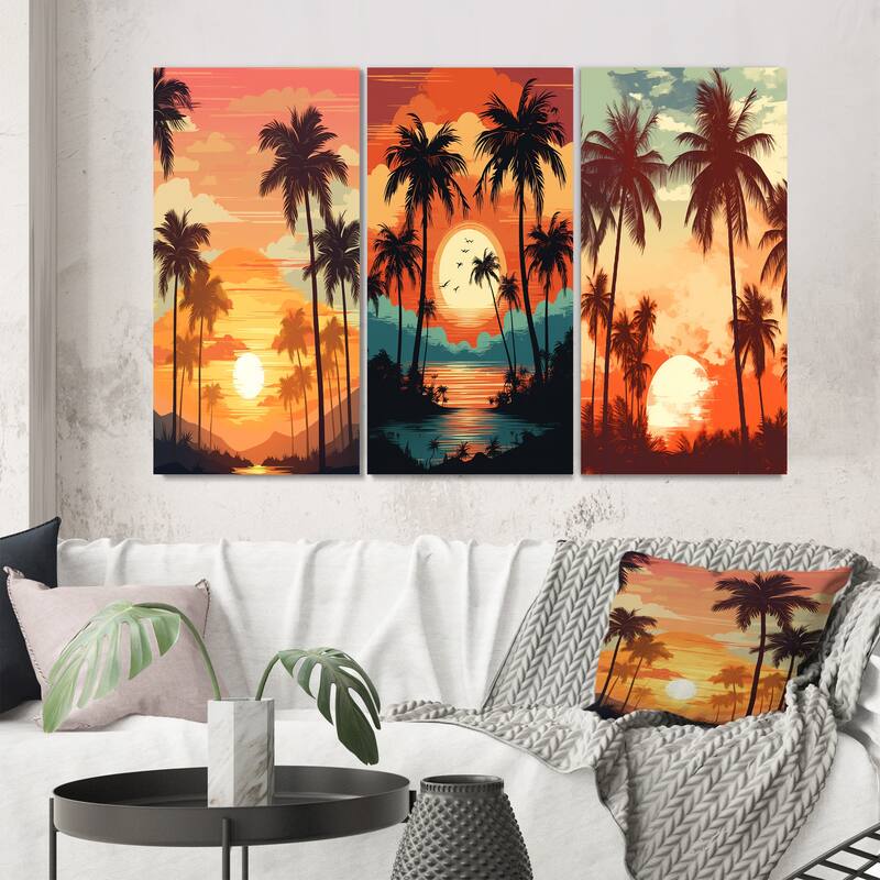 Designart "Sun Setting over Palm Trees Retro Illustration II" Meadow Yellow - Printed Art Set Of 3 For Bedroom