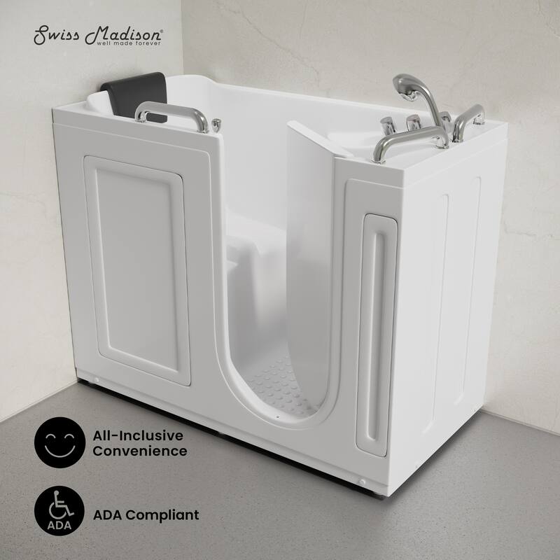 Auvergne 53" X 27" Ada Right Drain Walk-In Soaking Bathtub In White with Faucet Set, Drain, Grab Bars, Pillow - 53