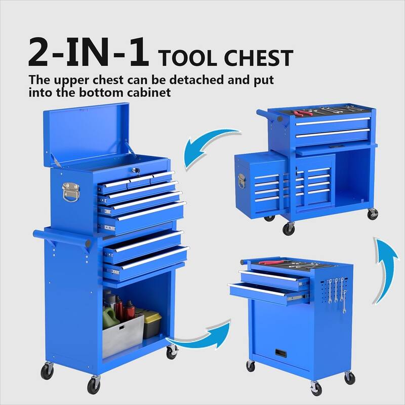 8-Drawer Rolling Tool Storage Cabinet with Detachable Top Tool Box