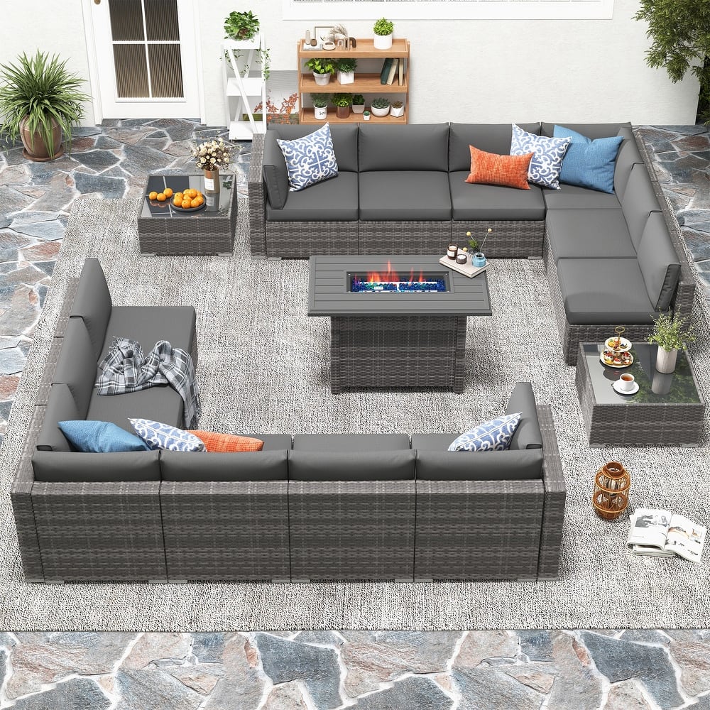 15 Piece Wicker Set Patio Sofa Furniture with Fire Pit And Table