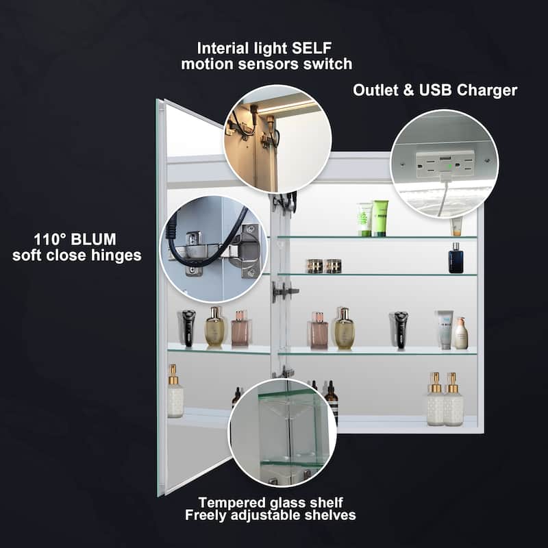 30" H Recessed or Surface LED Mirror Cabinet with Adjustable Glass Shelves,Defogger, Dimmer And Outlets & USB Ports