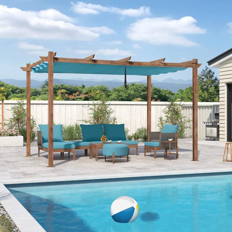 PURPLE LEAF Gazebo Wood Grain Metal Frame Pergola with Extra Top Roof for Patio
