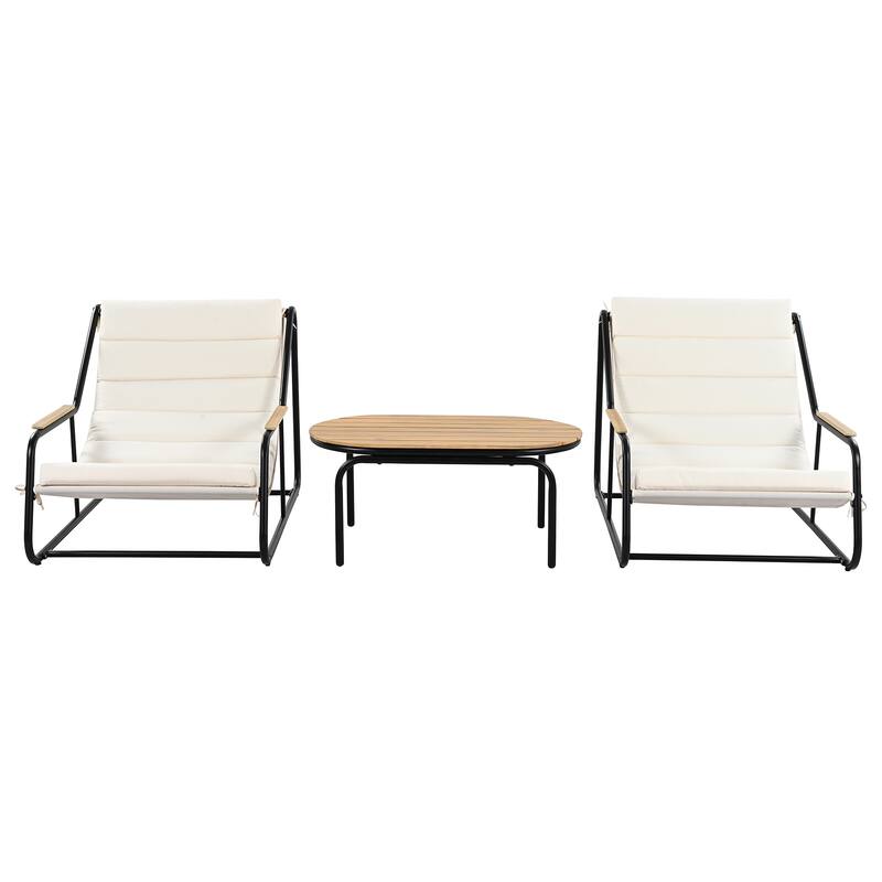 Outdoor Chaise Lounge Set of 3 with Cushion, Patio Lounge Chair Recliner with Acacia Side Table