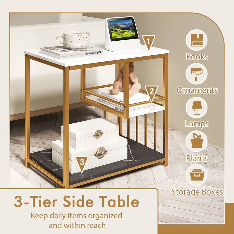 Modern Marble and Gold Side Table with 3-Tier Storage Shelves for Living Room or Bedroom Use - 23.5" x 15.5" x 24" (L x W x H)