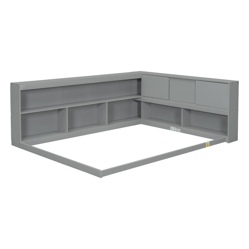 Modern Full Floor Bed with Built-in L-Shaped Bookshelves & Sliding Door Storage - No Box Spring Required