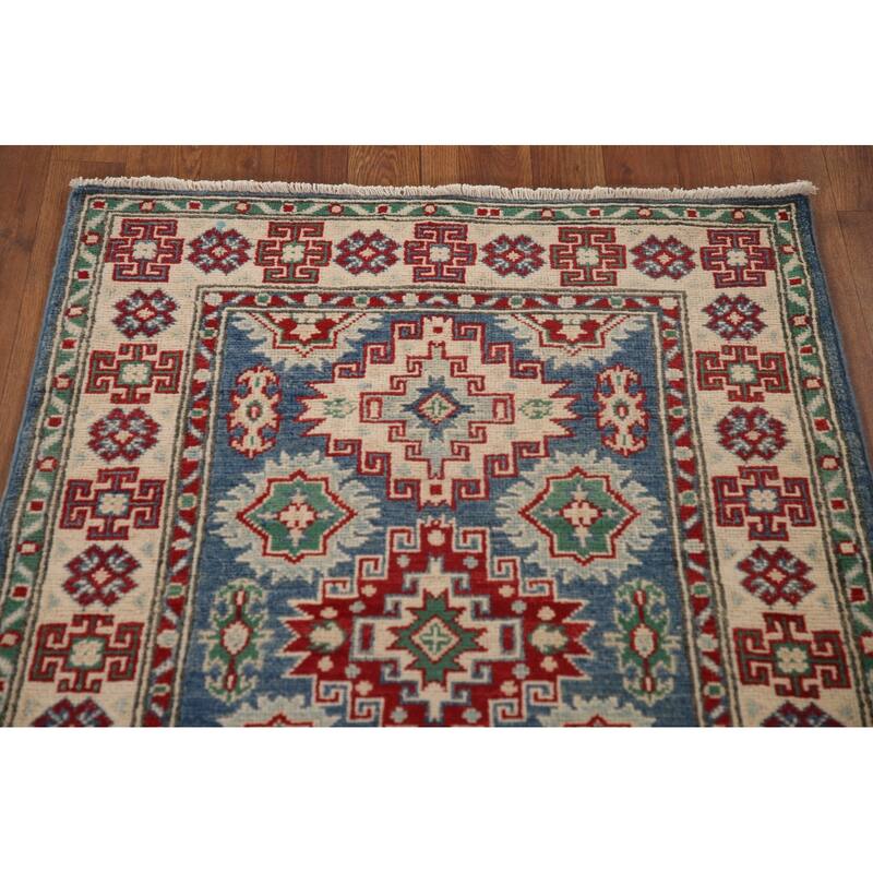 Blue Geometric Kazak Runner Rug Handmade Oriental Wool Carpet - 2'8" x 12'7"