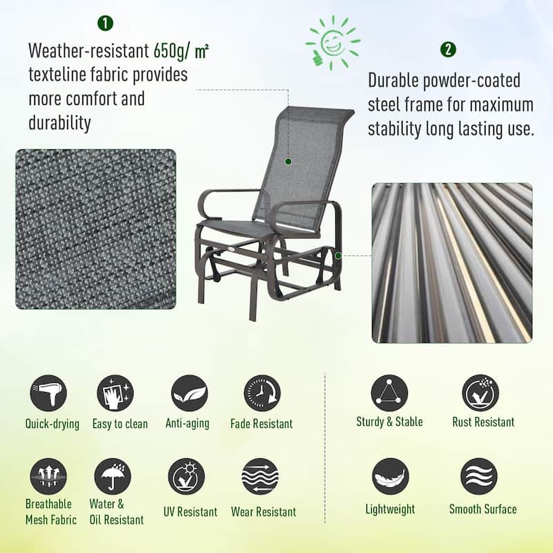Outsunny Single Glider Patio Swing Rocking Chair with Breathable Mesh, Smooth Arms for Backyard, Garden, Lawn, Grey