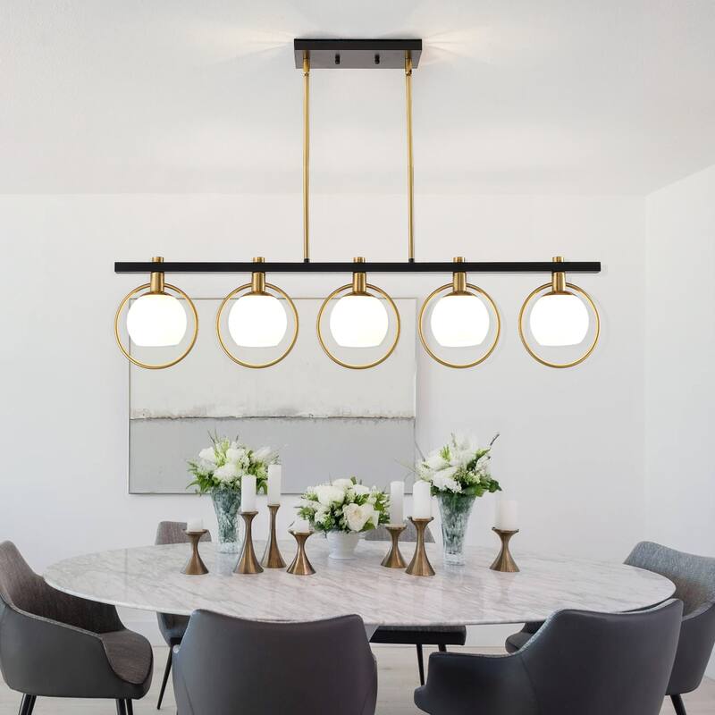 Modern 5-Light Linear Chandelier with Glass Shape - Black&Gold