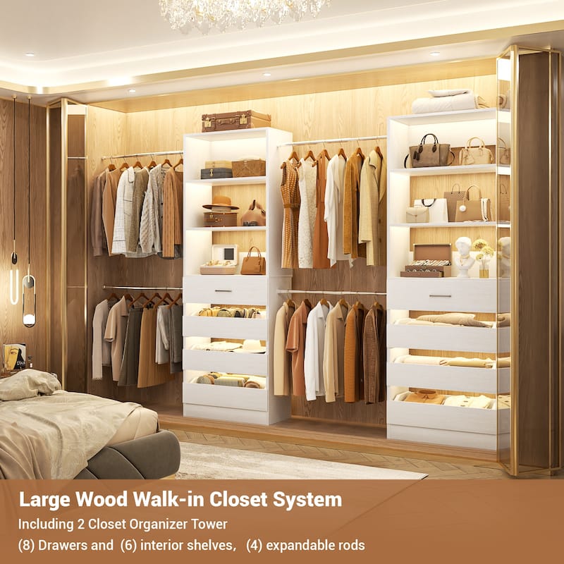 Qvella 95''-136'' W Closet System with 8 Wooden Drawers and 4 Hanging Rods, Walk-in Closet Organizer with 6 Storage Shelves