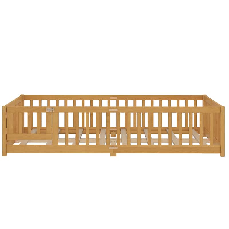 Montessori Toddler Floor Bed with Fence and Switchable Door, Low Profile Bed Frame with Removable Slats, Safe Transition Bed