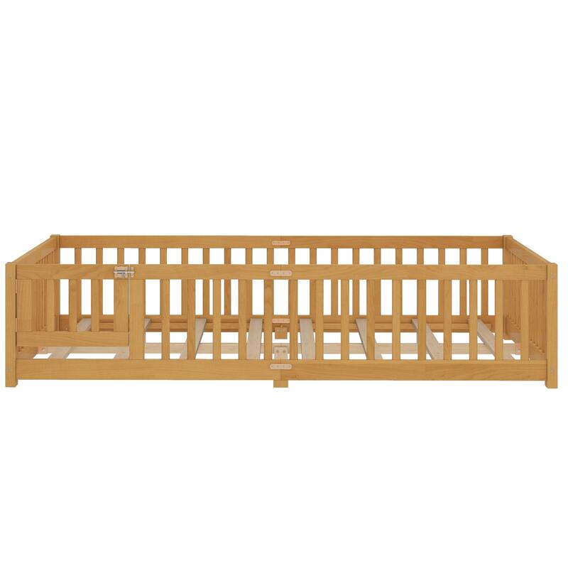 Queen Size Bed Floor Bed with Safety Guardrails and Door for Kids