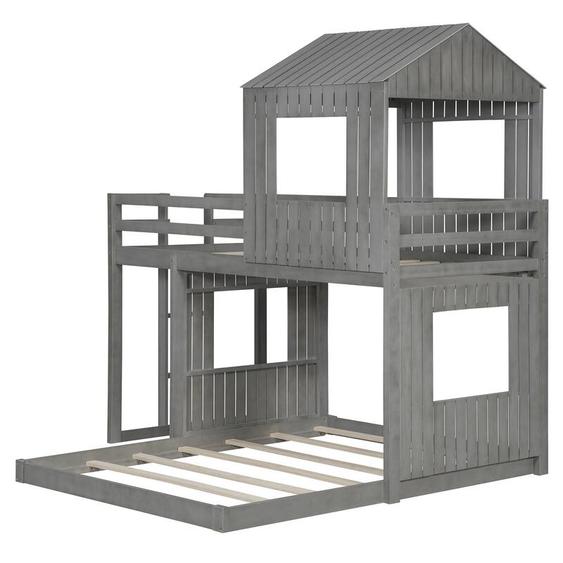 Roomfitters Wooden Twin Over Full Bunk Bed with Playhouse Design, Farmhouse Loft Bed with Ladder & Guardrails