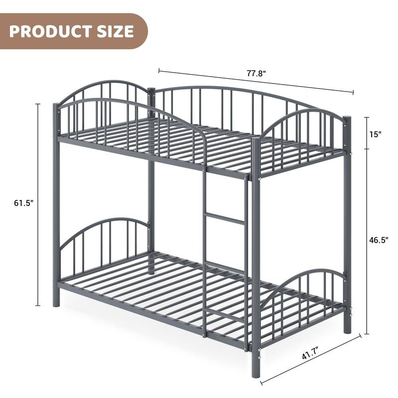 Metal Bunk Bed Twin Over Twin, with Arched Guardrail and Safety Ladder