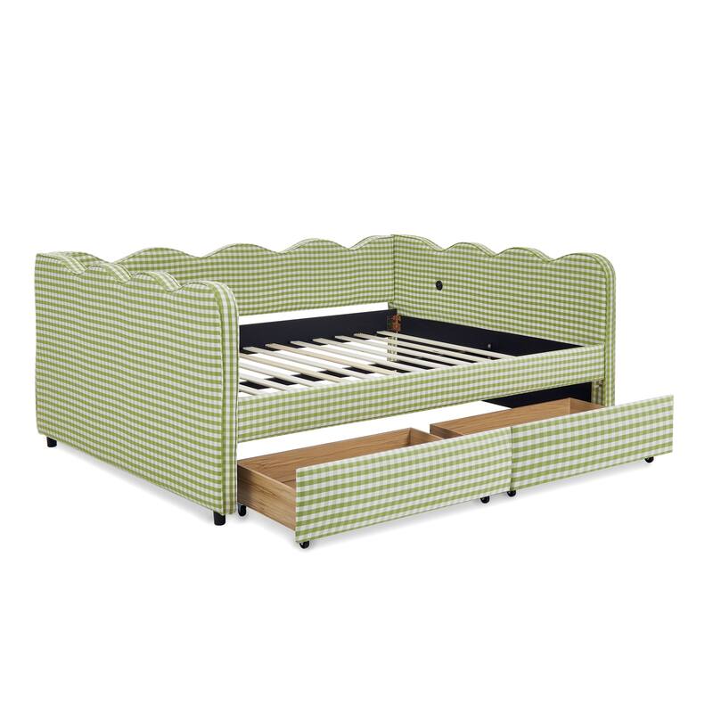 Full Size Upholstery Daybed with 2 Storage Drawers and USB Port, Linen Fabric Sofa Bed with Plaid Pattern and Wavy Silhouette