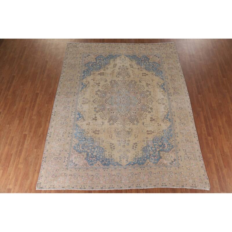 Hand Knotted Oriental 100% Wool Carpet Traditional Floral Yellow & Gold Mashad Area Rug - 11' 11'' X 9' 5''