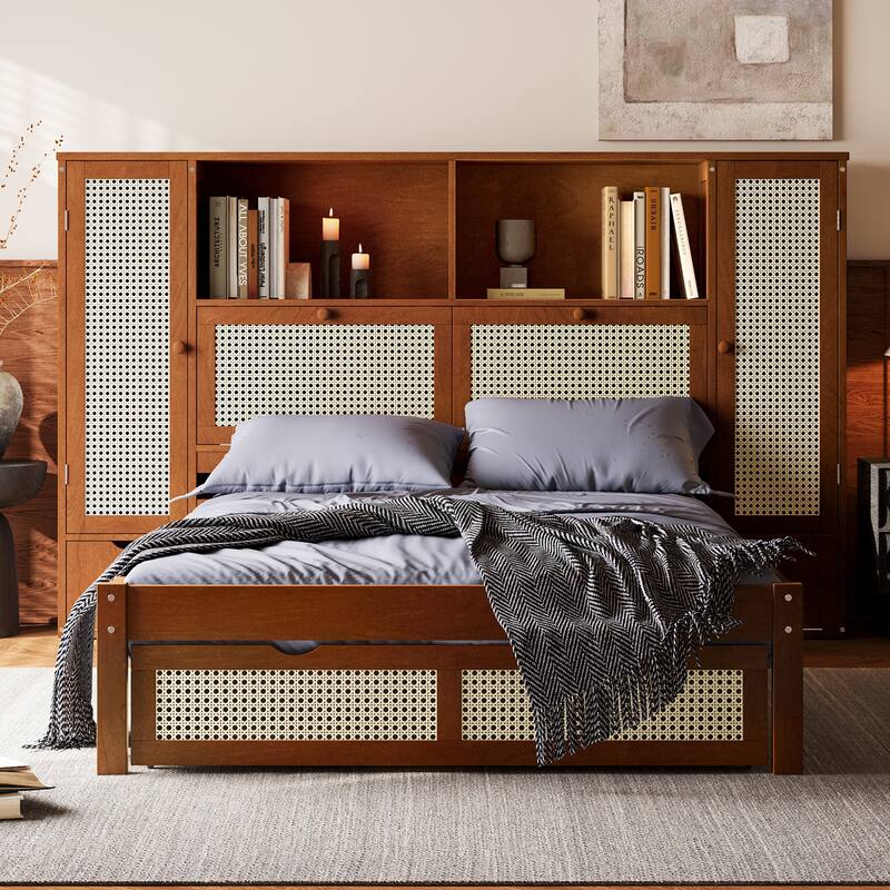 Twin Platform Bed with Rattan Accents, Built-In Headboard Shelf, Drawer, and 2 Storage Cabinets, Wooden Frame - Walnut