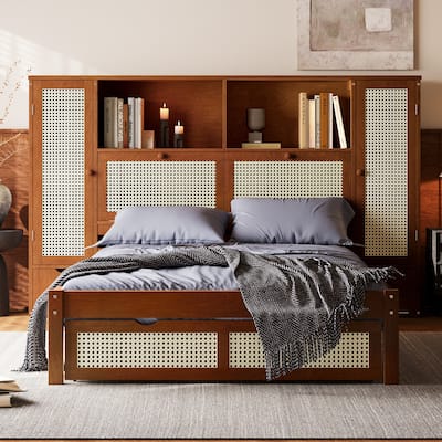 Twin Platform Bed with Rattan Accents, Built-In Headboard Shelf, Drawer, and 2 Storage Cabinets, Wooden Frame