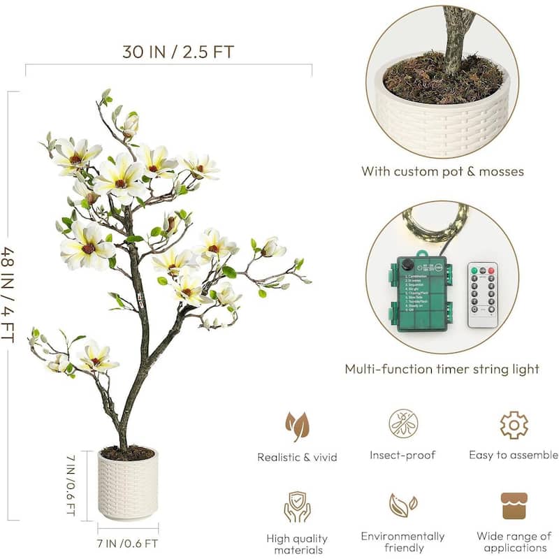 Faux Artificial Flower Tree, Magnolia Plants with Light for Home Decor