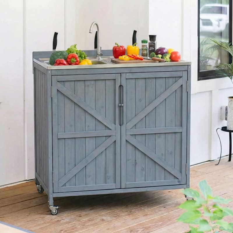 39.4" Rolling Outdoor Kitchen Island with 304 Stainless Steel Sink, Faucet & Cabinet for Pizza Prep - Grey