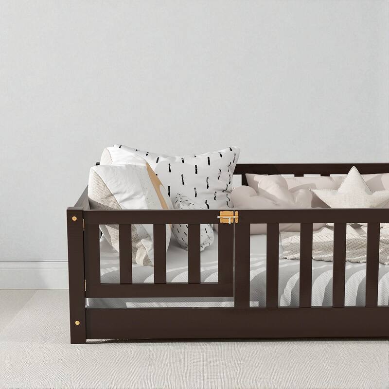 Twin Size Floor Bed with Fence and Door, Rubber Wood Frame with Safety Guardrails